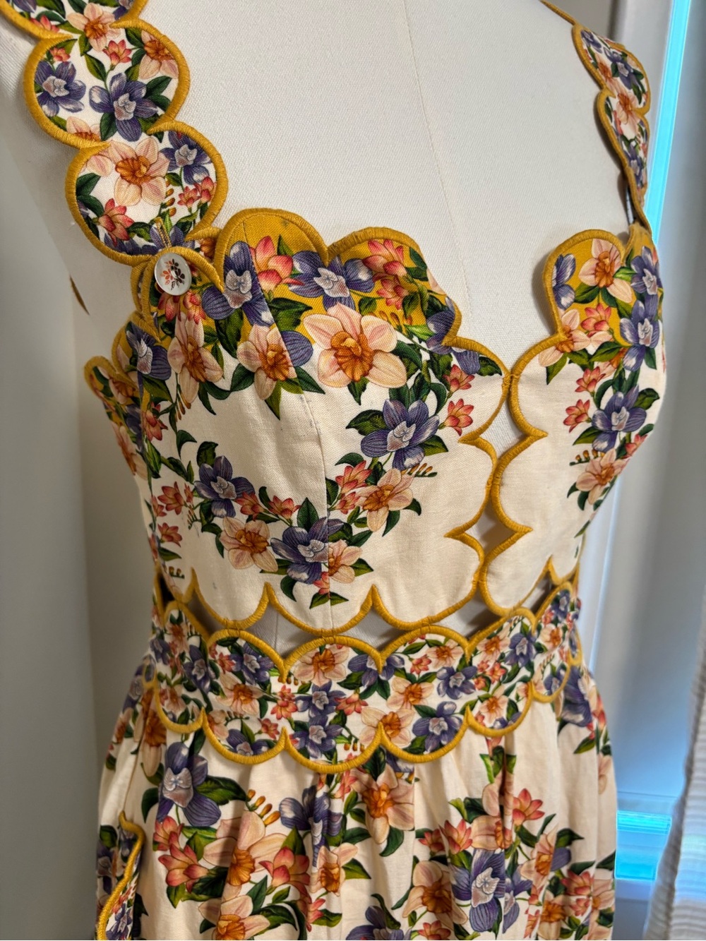 NWT Farm Rio Hilo Stripes Sand Floral Scalloped Midi Dress Small Pockets Linen - Picture 5 of 12